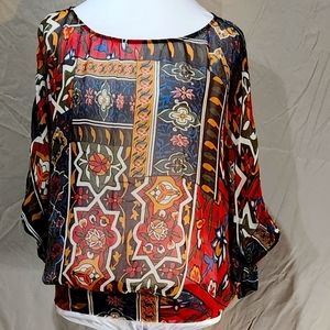 Gibson sz S fitted drop waist silk sheer ‎ ethnic print colorful 3/4 sleeve top